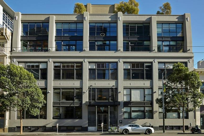 Exterior facade of the industrial-style building at 44 Tehama Street, SOMA, San Francisco, California.