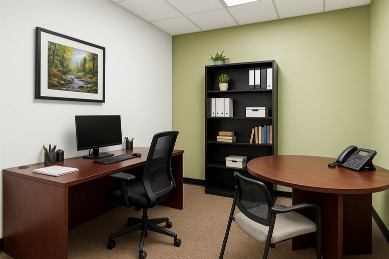 Private office at 45 Dan Road featuring a dark wood desk, bookshelf, and a round meeting table.