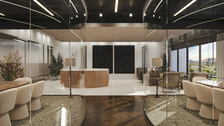 Lobby at 4800 North Scottsdale Road, Suite 4500 featuring a wood-slat reception desk and glass walls.