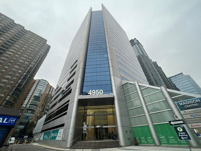 Exterior view of the soaring glass and silver facade at Swift Offices - 4950 Yonge Street.