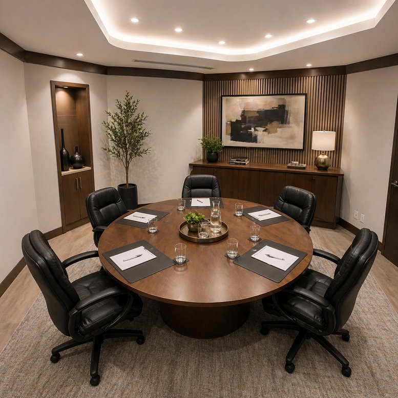 Modern reception area with a dark wood desk and marble-patterned flooring.
