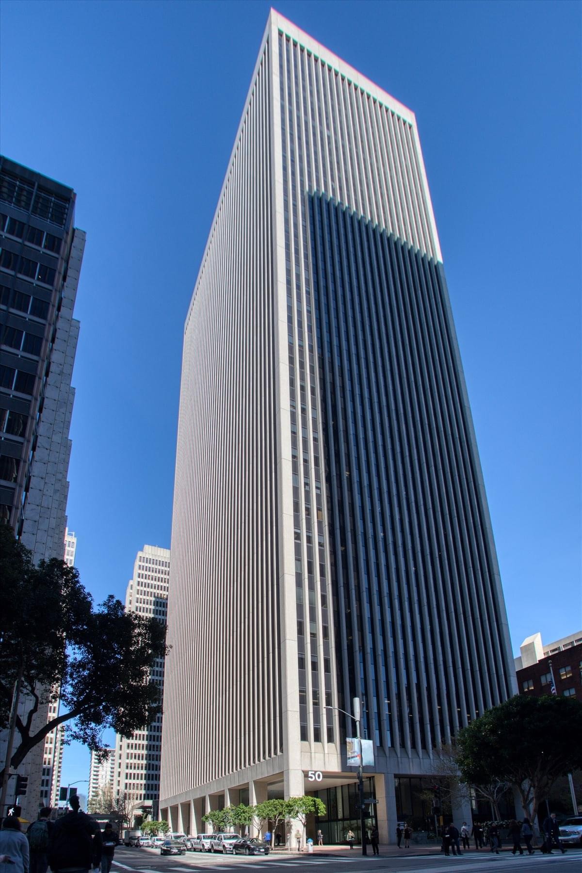 Exterior view of the soaring concrete and glass California Street Center at 50 California Street.