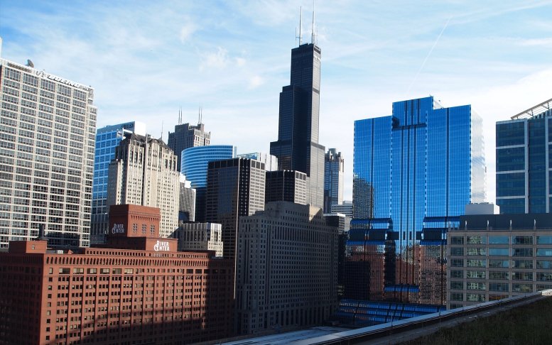 Exterior view of the urban skyline and Willis Tower from 500 West Madison Street.