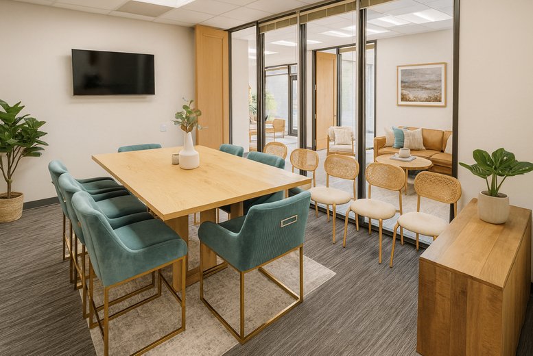 Spacious communal area at The Cove, Suite 100 with teal chairs and a large wooden table.