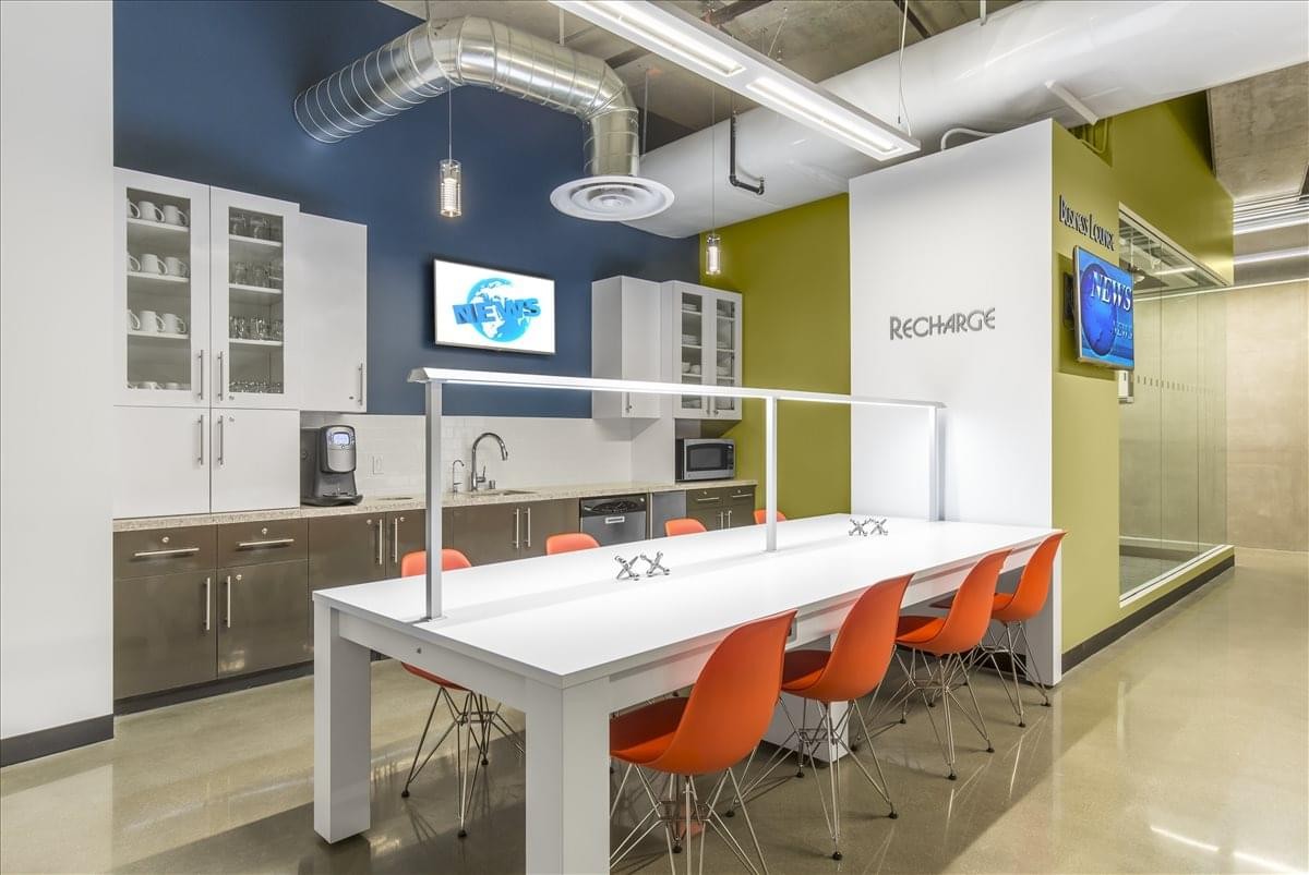 Modern office kitchen and breakout area at 5250 N. Lankershim Blvd, Suite 550.