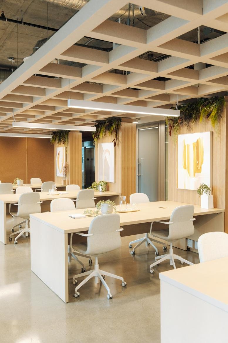 Spacious open-plan workspace at Pavilion Stadium Beatty with wood-lattice ceiling and white desks.