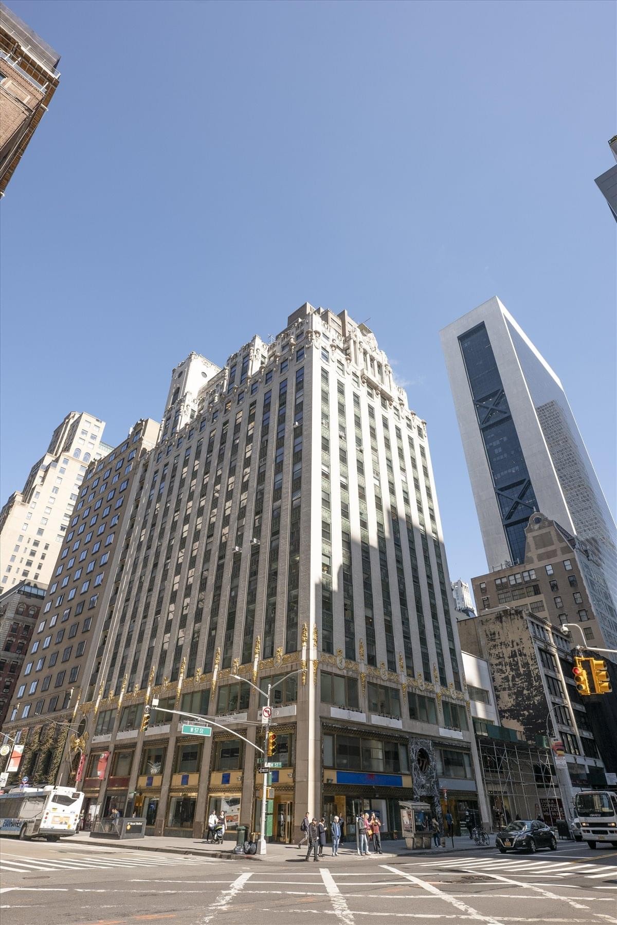 Exterior street-level view of the historic Art Deco skyscraper at 57 West 57th Street.
