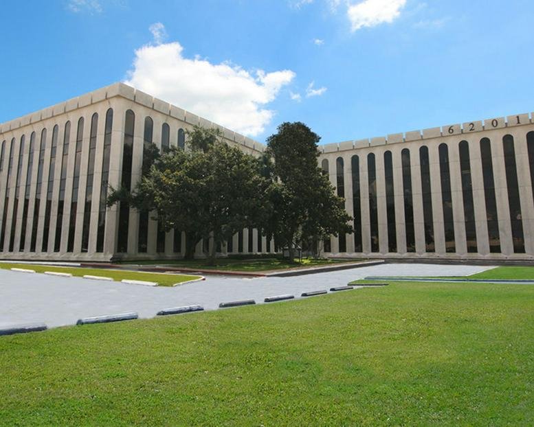 Exterior view of the Brutalist architecture building at 6201 Bonhomme Road.