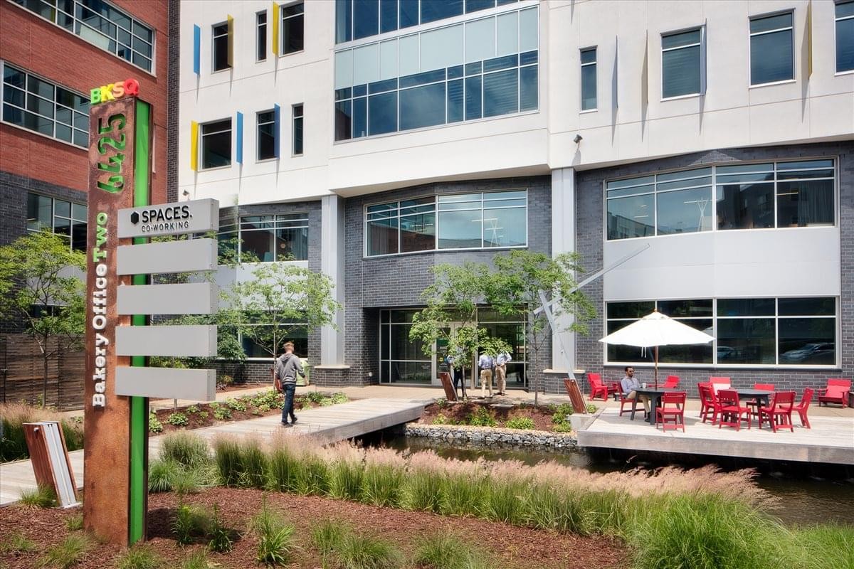 Exterior view of the modern glass and stone facade at Bakery Square.