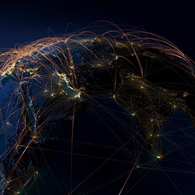 Digital illustration of a global network showing interconnected flight paths and data lines over a dark earth.