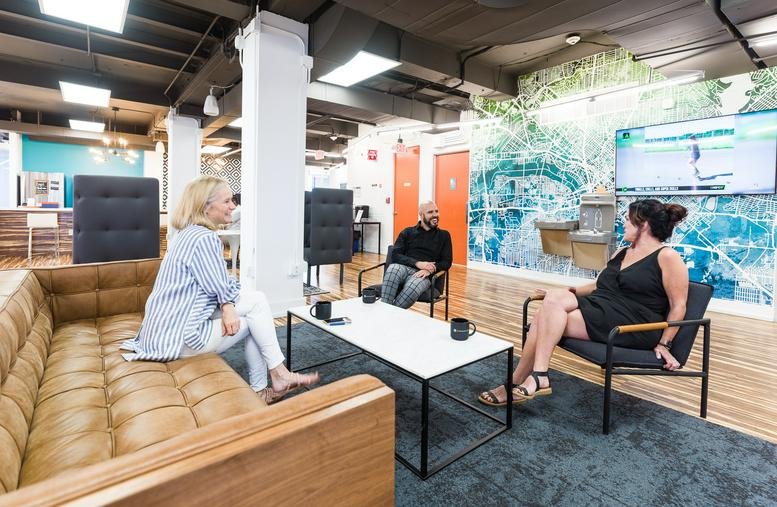 Inviting reception lounge with a leather sofa, coffee table, and greenery.