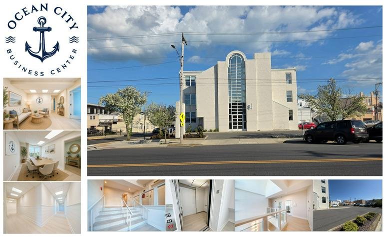 Exterior facade of the three-story Ocean City Business Center with its distinctive arched glass entryway.