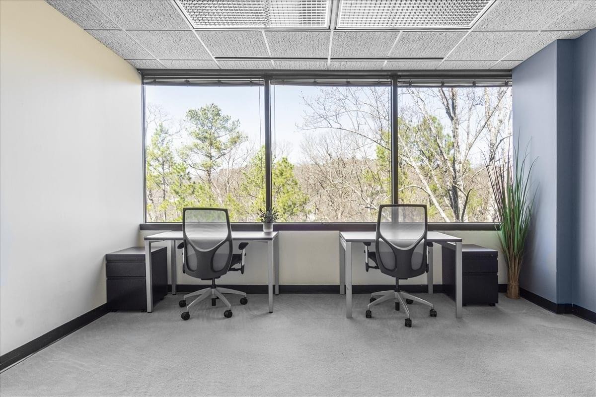 Two-person office suite at 7027 Old Madison Pike, Suite 108 with large windows showing green trees.