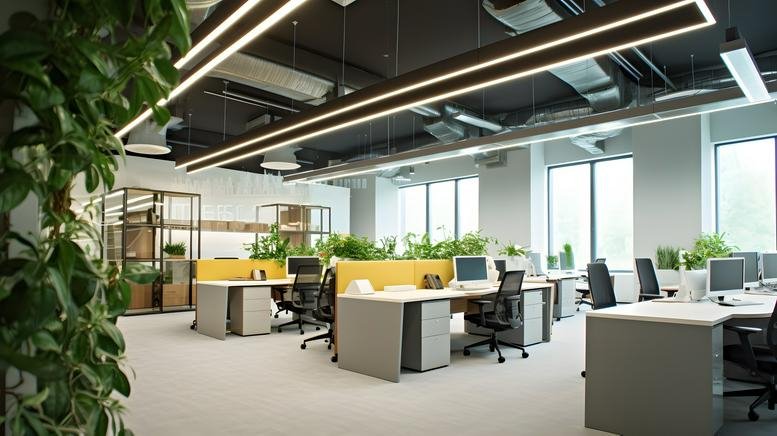 Spacious open-plan office at 756 W Peachtree St NW with modern desks, hanging lights, and indoor greenery.