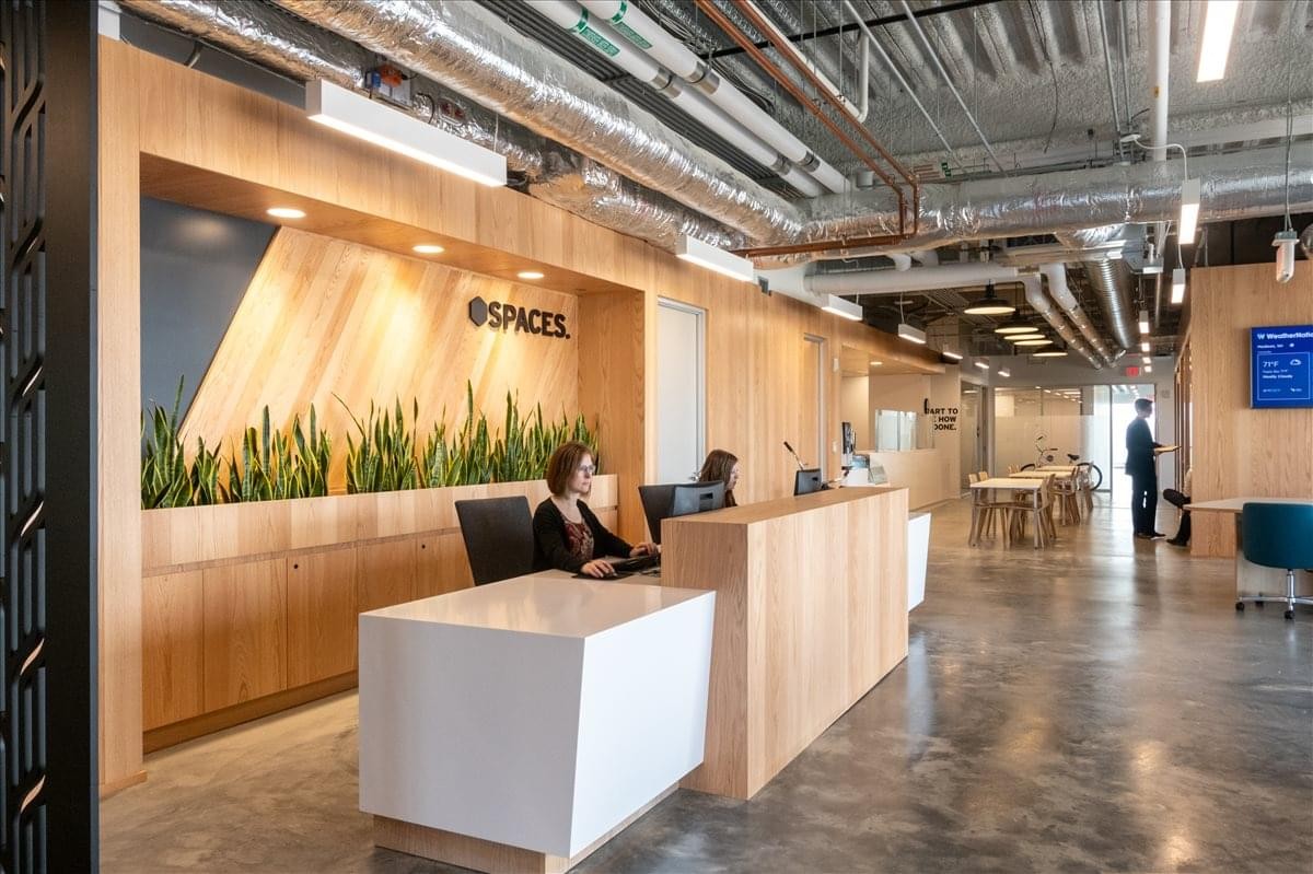 Reception area at 811 East Washington Avenue with wooden wall, plants, and front desk.
