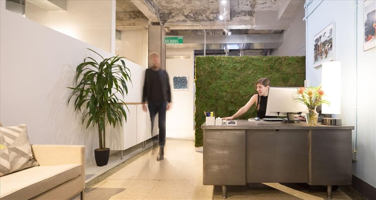 Sleek reception area at 85 Delancey Street, 2nd Floor, New York featuring a moss wall and modern desk.