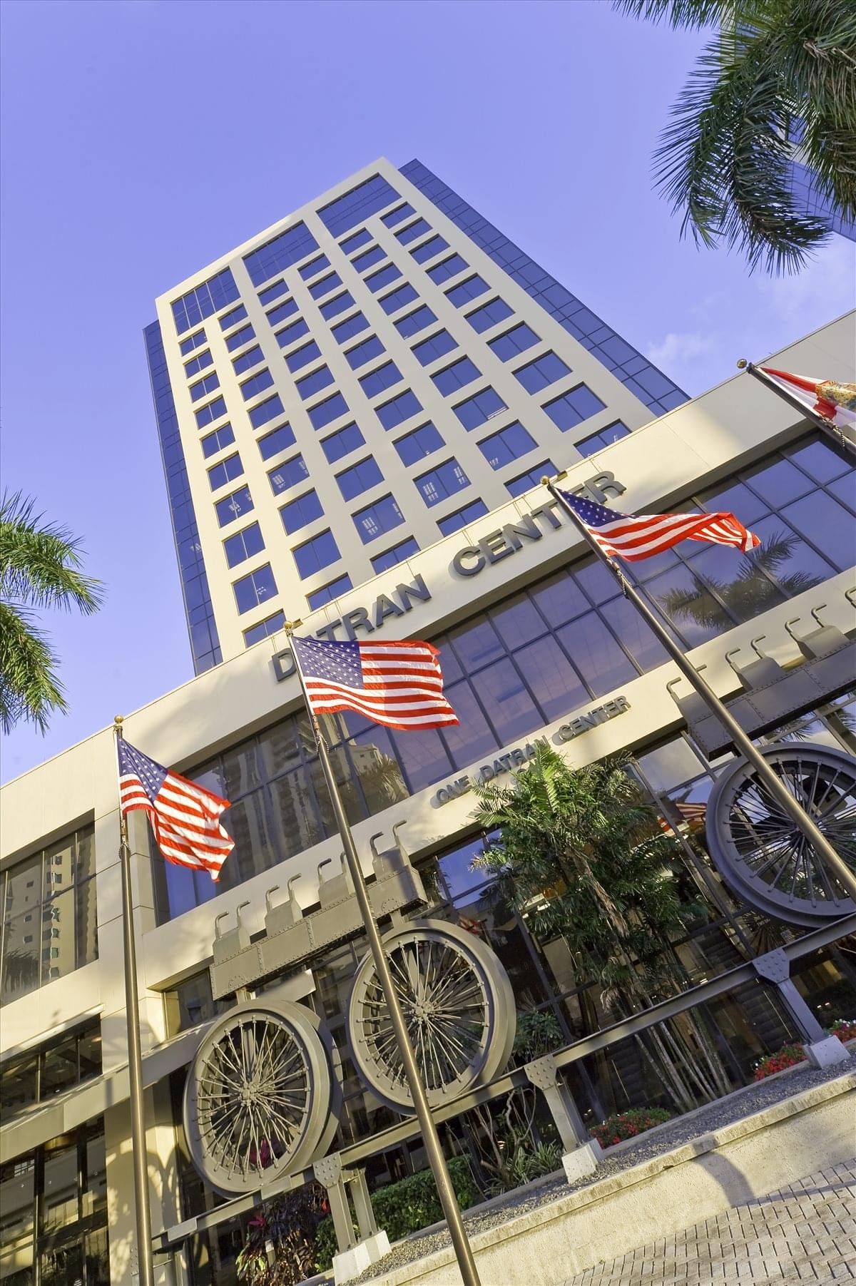 Low-angle exterior view of the glass skyscraper at 9100 South Dadeland Boulevard, Datran One.
