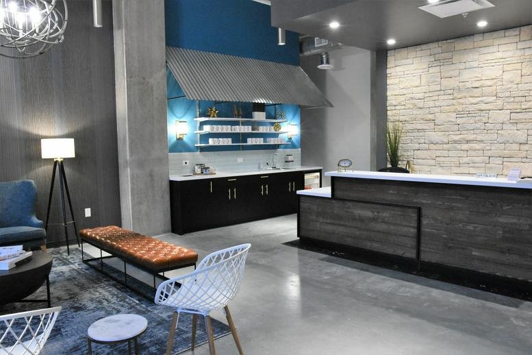 Spacious modern lobby and reception area at 9355 John W Elliott Drive, Frisco (TX).