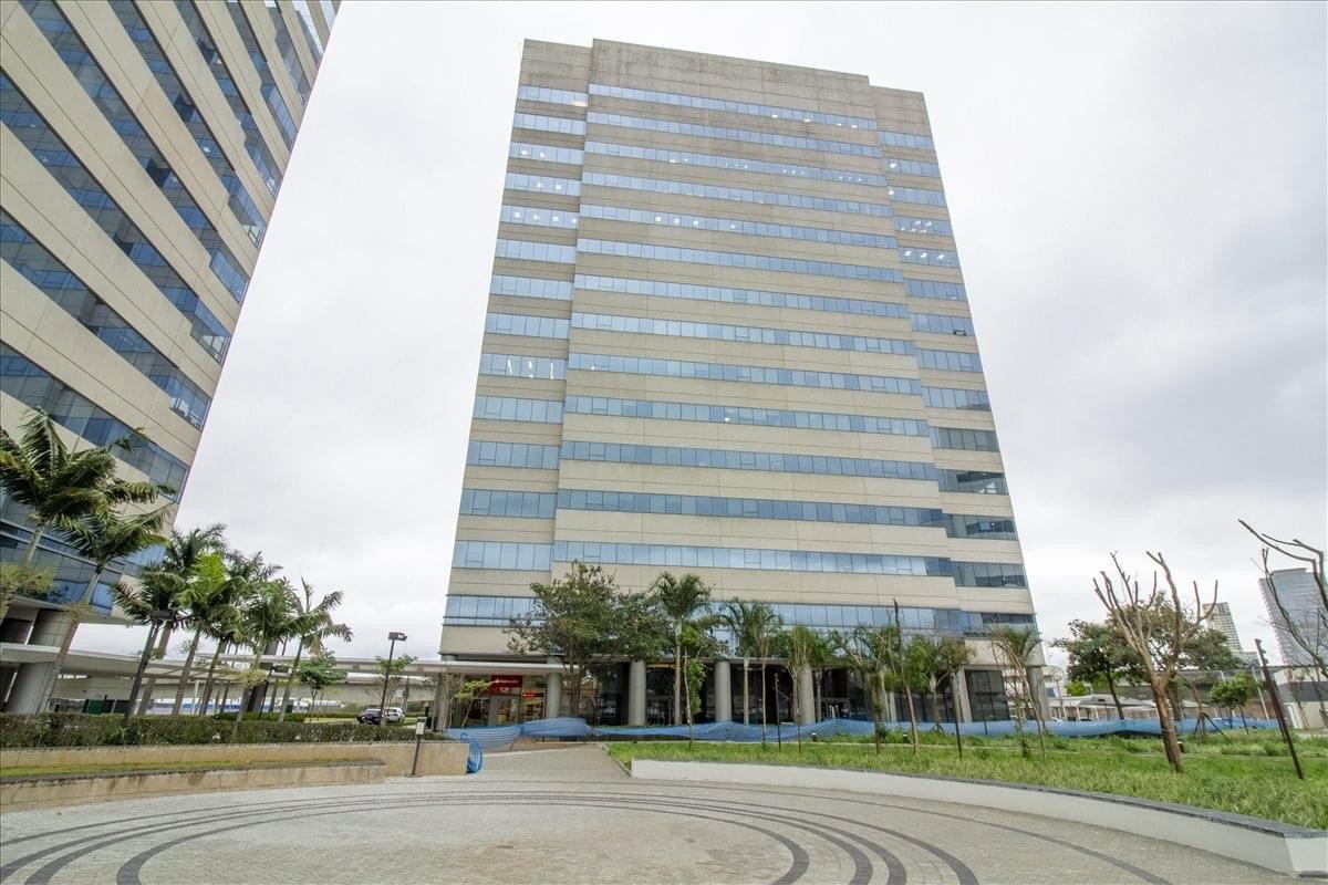 Exterior view of the contemporary glass and stone Jacaranda Building.