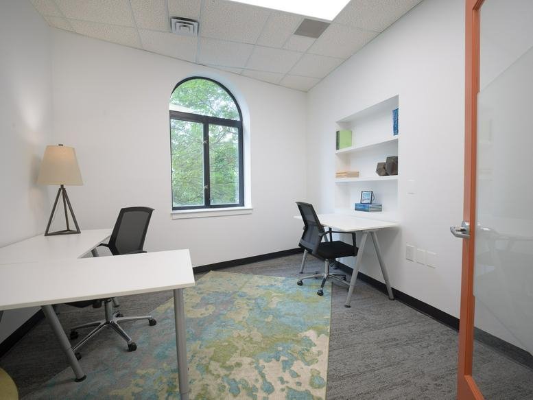 Bright private office with an L-shaped desk and a blue patterned rug.