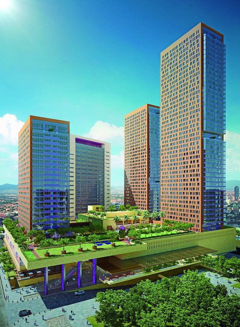 Exterior view of the multi-tower complex at Av. Ejército Nacional 769 with a lush rooftop garden.