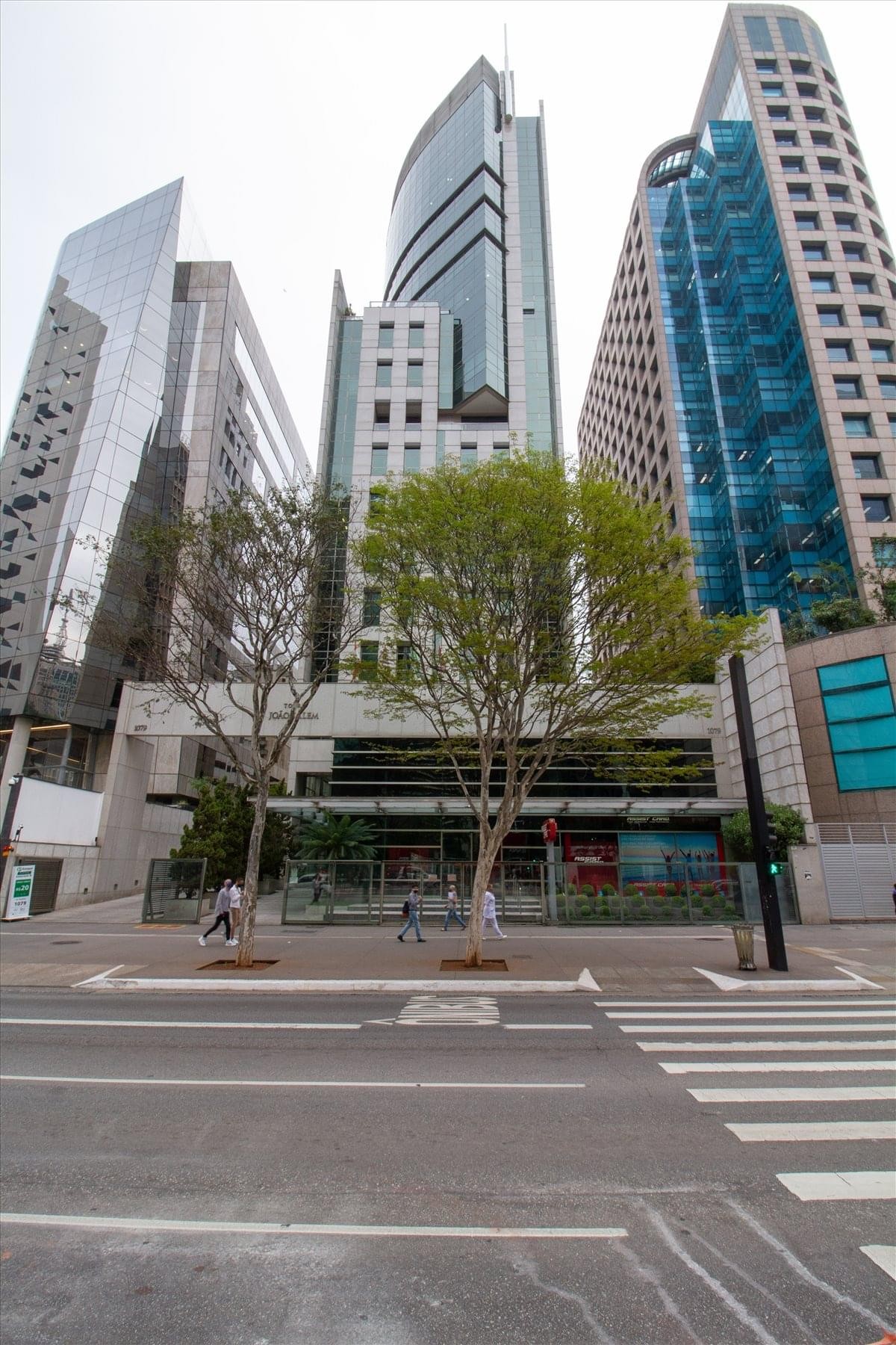 Modern lobby at Avenida Paulista, 1079, 7th and 8th floor with leather armchairs and a potted plant.