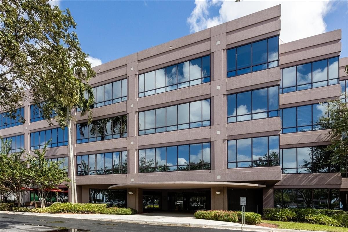 Exterior view of the contemporary office building at Blue Lagoon, 6303 Blue Lagoon Drive.
