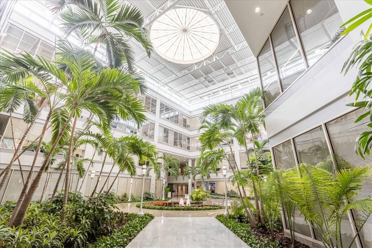 Bright, sunlit building atrium with a central glass dome and lush indoor palm trees.