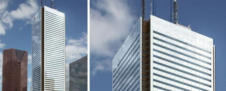 Exterior view of the white skyscraper facade at First Canadian Place, 100 King Street West.