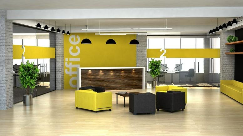 Spacious reception area with yellow feature wall at Gateway 6, 460 West 50 North, Salt Lake City, Utah.