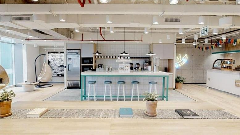 Bright communal kitchen and breakout area at Jose Larco 1232, Miraflores, Lima.