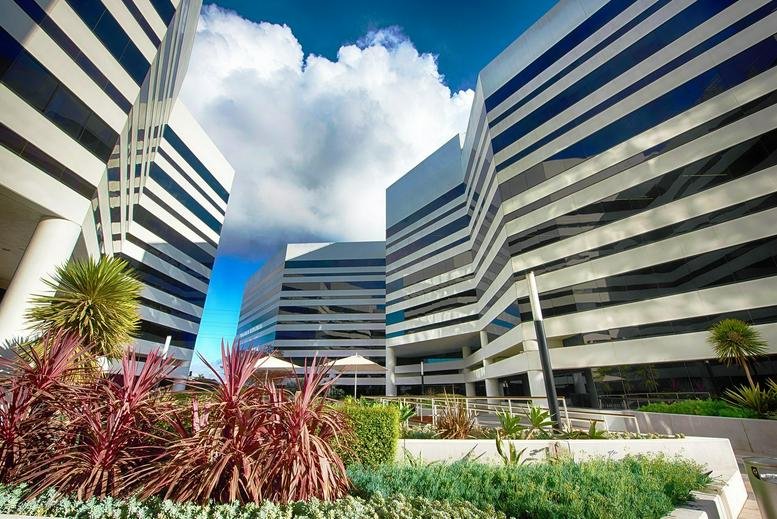 Modern striped exterior facade of (MB2) 1230 Rosecrans Avenue, Suite 300, Manhattan Beach.