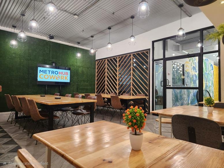 Spacious coworking area at Metro Hub Cowork, Ground Floor, Via Espana, Panama City with wooden tables and a green feature wall.