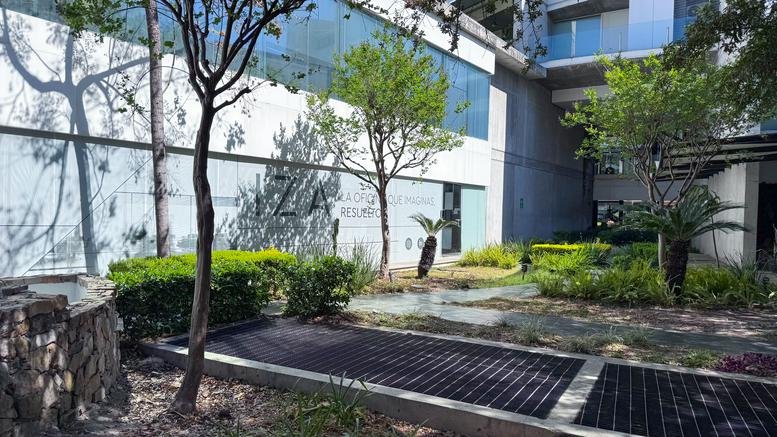 Landscaped internal courtyard with garden beds and modern architecture.