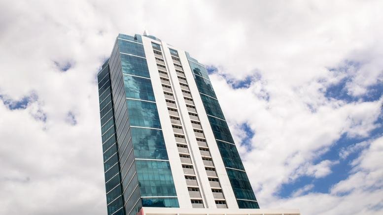 Exterior view of the glass-facade Prime Time Tower in Costa del Este.