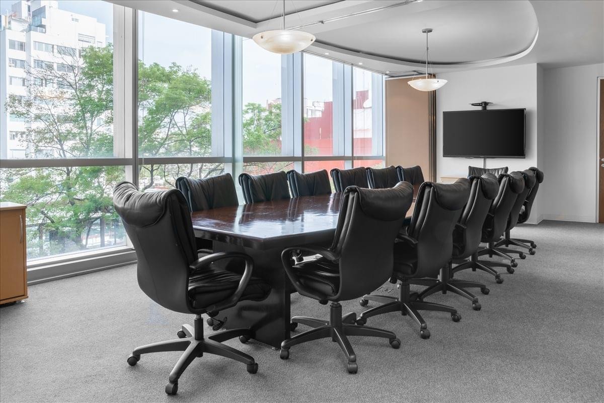 Spacious boardroom at 111 Av. Presidente Masaryk with leather chairs and city views.