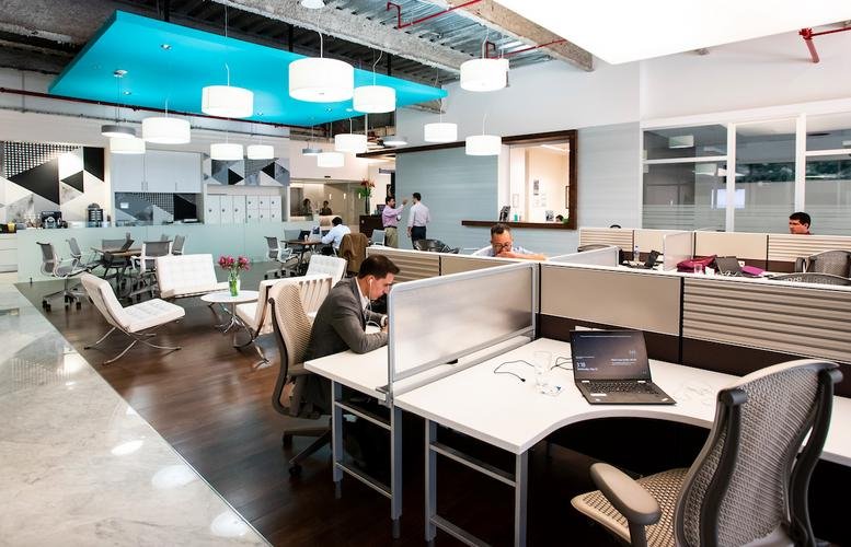Bright open-plan office with white desks and a vibrant blue ceiling feature.
