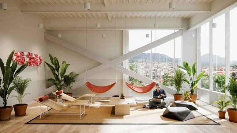 Spacious communal lounge at Real Cariari, Autopista General Cañas with hammocks, plants, and mountain views.