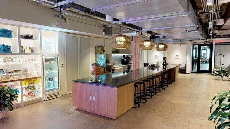 Spacious communal kitchen and cafe area at Victory Plaza, 3090 Olive Street.