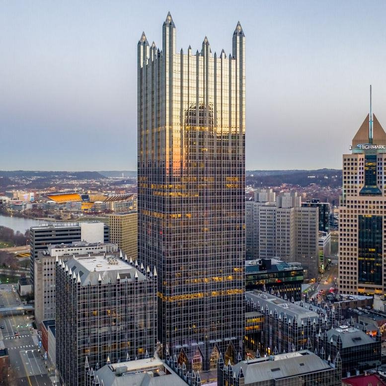 Exterior view of the iconic glass-facade gothic skyscraper at 1 PPG Place.