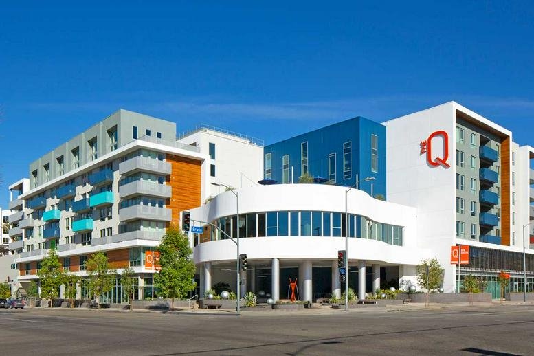 Colorful modern exterior of (WH1) 21045 W. Erwin Street, Woodland Hills, California featuring unique architecture.