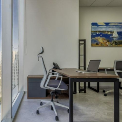 Two-person office suite with vibrant artwork and floor-to-ceiling windows.