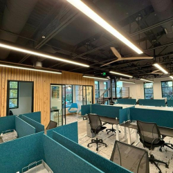 Large shared workspace featuring workstations with teal dividers and industrial ceilings.