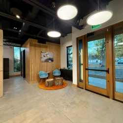 Lobby area with natural wood accents and modern pendant light fixtures.