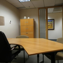 Quiet private office featuring a unique curved desk and a classic table lamp.