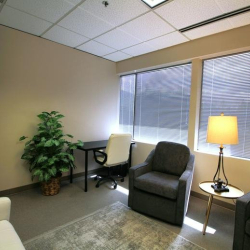 Peaceful sitting area with charcoal armchairs and large windows for natural light.