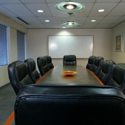 Expansive meeting room with high-back leather chairs and large windows providing natural light.
