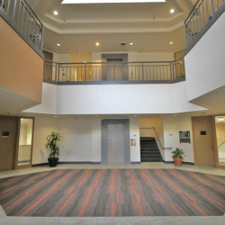 Wide-angle view of the central atrium lobby with an elevator and potted greenery.