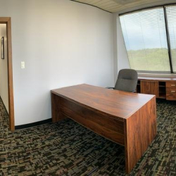 Private office featuring a rich wood desk and a view of the corridor.