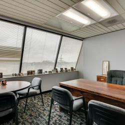 Sunny executive office with a wide wooden desk and round meeting table.